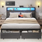 Queen Bed Frame with 2-Tier Storage Headboard, Metal Bed Frame with Storage Drawers & Built-in Charging Station & LED, Noise-Free, No Box Spring Needed, Easy Assembly, Rustic Grey
