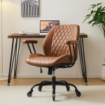 Home Office Desk Chair Office Rubber Casters Ergonomic Computer Chair with Brown Leather