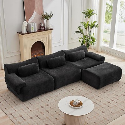 3+1 Seater Chenille Deep-Seat Sofa with 3 Pillows,Suitable for Living Room or Bedroom (Black)