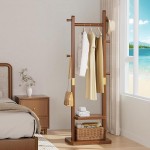 Solid Wood Coat Rack Clothes Rack, Coat Rack Freestanding with 2 Shelves and 5 Hooks, Heavy Duty Coat Tree for Entryway, Living room, Coat Hanger Stand for Hats, Bags Clothes(Walnut Brown)